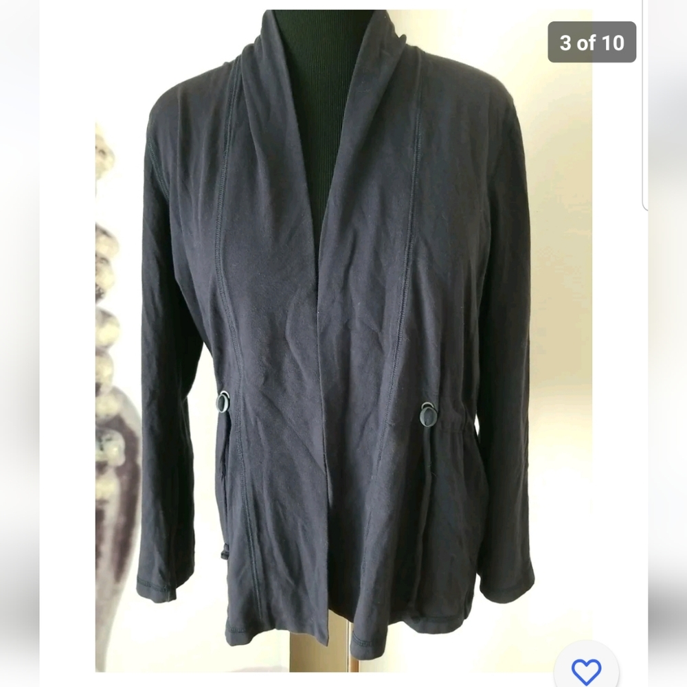 EILEEN FISHER Women Open Front Drawstring Waist Organic Cotton Purple Cardigan M
